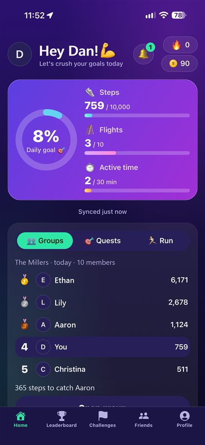 Stridely home screen showing a daily step goal ring and a friends group leaderboard